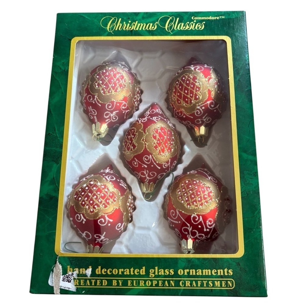 Vintage 70's Commodore Christmas Ornaments: Red & Gold Swirls, Set of 5 Glass